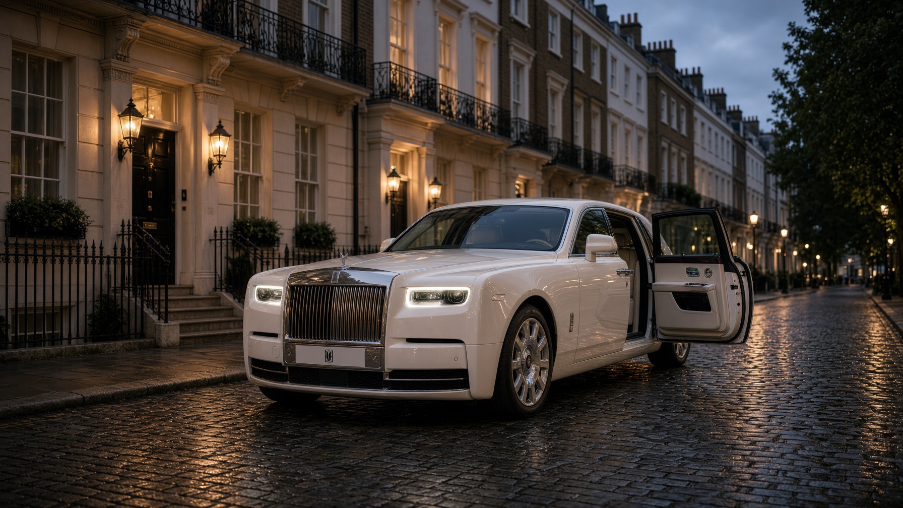 White chauffeur saloon on a quiet Mayfair street at dusk